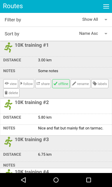 mapometer app - routes page screenshot