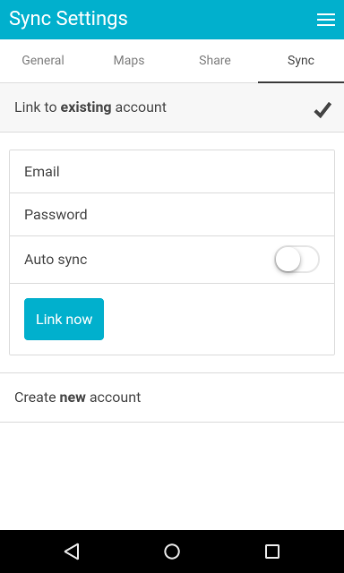 mapometer app - settings sync tab not-linked screenshot