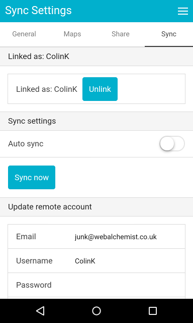 mapometer app - settings sync tab linked screenshot