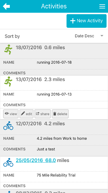 mapometer app - traininglog page screenshot