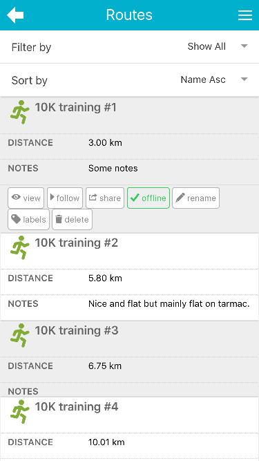 mapometer app - routes page screenshot