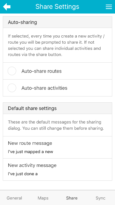 mapometer app - settings sharing tab screenshot