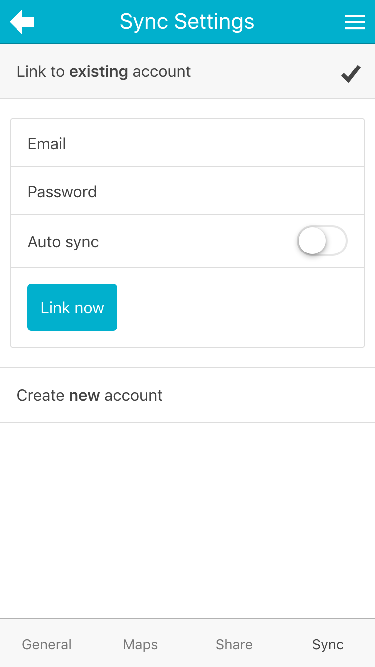 mapometer app - settings sync tab not-linked screenshot