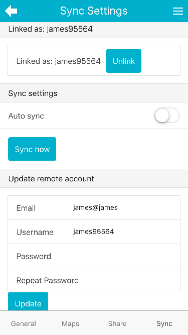 mapometer app - settings sync tab linked screenshot